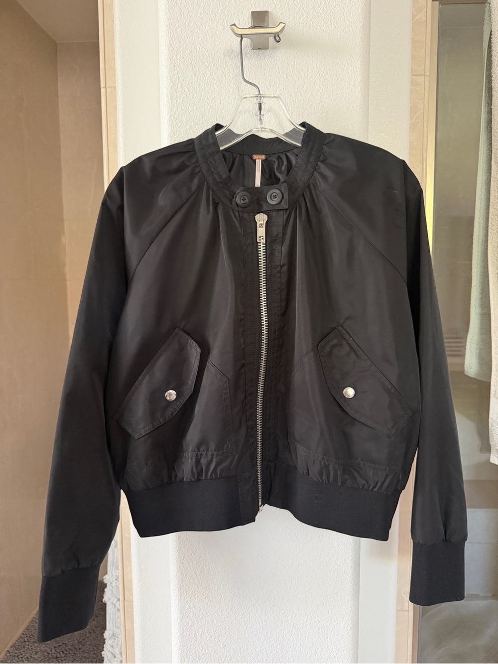 Free People Black Bomber Jacket with Snap Pocket Details NWOT
